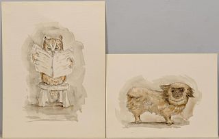 Two Werner Wildner Watercolors, dog and owl