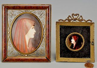 2 Miniature Portraits of Females in Red Head Scarves