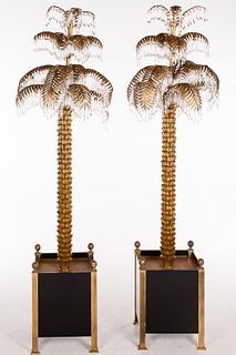 4419996: Large Pair of Gilt Metal, Crystal and Glass Palm
 Tree Standing Lamps, 20th Century T8KBJ