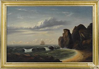 Attributed to Thomas Chambers (American 1808-1866/9), oil on canvas coastal scene, 24'' x 36''.