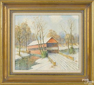 Albert Van Nesse Greene (American 1887-1971), oil on board winter landscape with a covered bridge