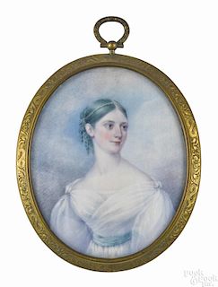 American miniature watercolor on ivory portrait of a young woman, with an early label