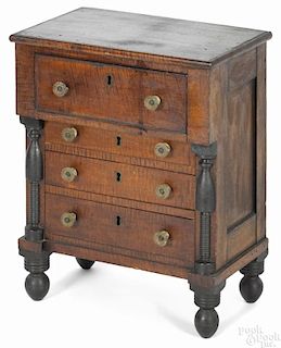 Pennsylvania miniature Sheraton poplar and tiger maple chest of drawers, ca. 1840, 19 1/4'' h.