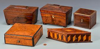 5 wooden Boxes, incl. 3 Tea Caddies
