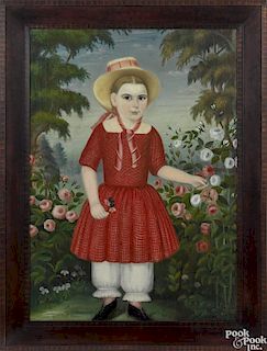 American oil on canvas folk portrait of a child, ca. 1840, wearing a red dress and picking flowers