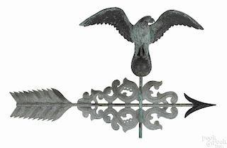 Copper eagle and bannerette weathervane, 19th c., retaining an old verdigris surface, 30'' h.