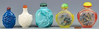 3 Chinese Porcelain & 2 Painted Peking Glass Snuff Bottles, total 5