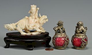 Coral Quan Yin plus Dragon Figures and Pair Chinese Stone Balls w/ Foo Lion Mounts