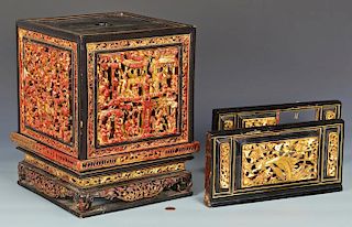 Chinese Lacquer Carved Gilt Altar Box & 2 Carved D