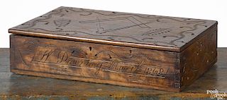 Pennsylvania carved cherry lock box, dated 1868, inscribed W Downing