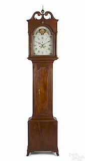 Pennsylvania Federal cherry tall case clock, ca. 1800, with fan inlaid rosettes, eight-day works