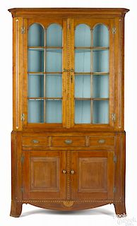 Pennsylvania Federal cherry corner cupboard, early 19th c., with overall barberpole inlay