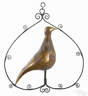 English gilt tin partridge, 19th c., mounted in a wrought iron inverted heart hanger, 25 1/2'' h.