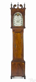 Pennsylvania Hepplewhite mahogany tall case clock, ca. 1805, with extensive line and fan inlays