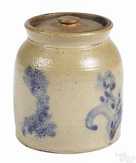 Small Pennsylvania stoneware lidded crock, 19th c., with cobalt floral decoration, 6'' h.
