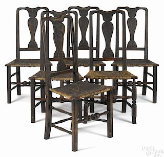 Six New England Queen Anne rush seat dining chairs, 18th c., to include a set of five chairs