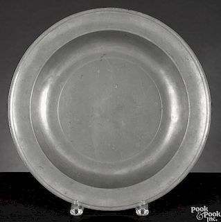 Philadelphia pewter deep dish, late 18th c., with Love touchmark, 13'' dia.