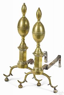 Large pair of Federal brass double lemon top andirons, ca. 1810, 23'' h.