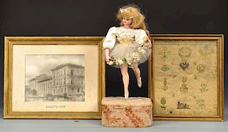French Vichy Doll Automaton, Knaffl-Hof Building Print, & Austrian Sampler