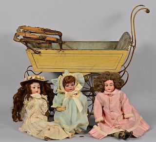 3 Antique Dolls &  Baby Buggy