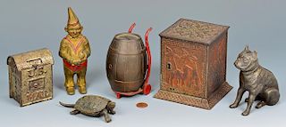 5 Figural Cast Iron Banks & Bronze Turtle Match Safe