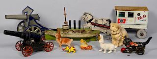 Grouping of Vintage Tin & Cast Iron Toys, 10 total