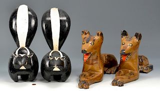 4 Carved Folk Art Animals, Skunks & dogs