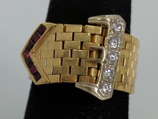 14kt Yellow Gold Buckle Style Mesh Ring With Diamond & Red Sapphire Accent Stones