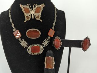 Silver, Carnelian Stone and Marcasite Jewelry Set