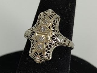 18kt White Gold Art Deco Style Filigree Ring With Diamonds