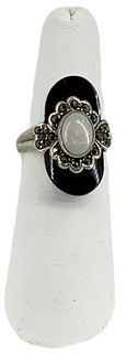 Sterling Silver Onyx, Opal & Marcasite Ring
