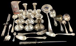 Lot of Sterling Weighted Candlestick Bases + Misc. Silver Plate Items