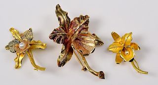 Group of 3 18K Orchid Brooches