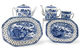 Group of Chinese Export B & W Plate, Teapot,18th C