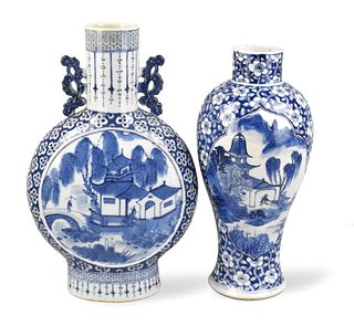 2 Chinese Blue & White Vase w/ Landscape, 19th C.