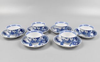 Set of 6 Chinese Blue & White Teacups & Saucers