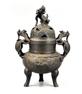 Chinese Bronze Tripod Covered Censer w/ Kirin