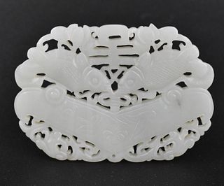 Chinese White Jade Caved Pendant/ Twin Fish,Qing D