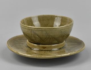 Chinese Yue Ware Celadon Cup & Holder, Tang D.