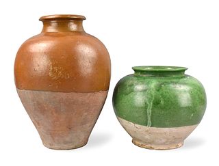 Two Chinese Green & Brown Glazed Jars, Tang D.