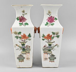 Pair of Chinese Famille Rose Square Vase,19th C.