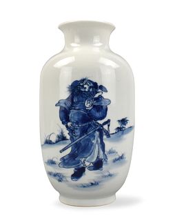 Chinese Blue & White Latern Vase w/ "Zhongkui"