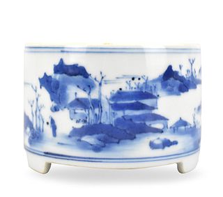 Chinese Blue & White Tripod Censer w/ Landscape