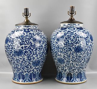 Pair Large Chinese B & W Jar w/ Lotus ,19/20th C.