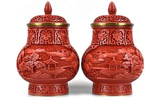 Pair of Chinese Carved Lacquer Covered Jars