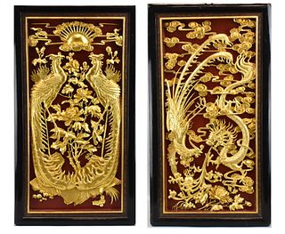 Pair of Chinese Gilt Lacquered Panels w/ Phoenix