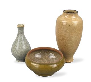 3 Chinese Ge Glazed Vase & Alms Bowl,19th C.