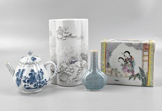 4 Chinese Porcelain Teapot, Brushpot ,Vase& Pillow