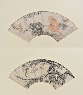 2 Chinese Fan Painting of Cat &Plum Flowers,Qing D