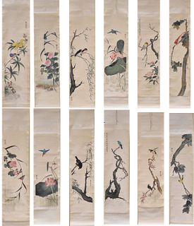12 Chinese Scroll Painting of Birds,by "Xiuwen Li"
